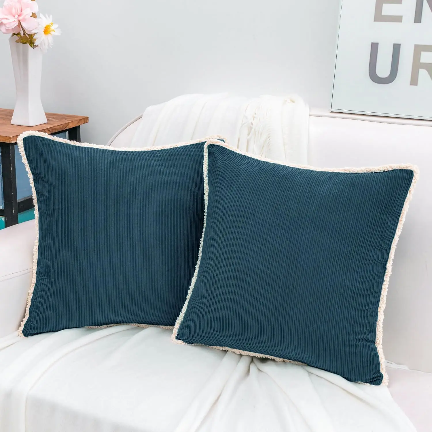 

Blue Chenille Throw Pillow Covers 18X18 H With Tassels Fringe, Pa Of 2, Soft Boho Farmhouse Cushion Cases For Couch Sofa Bed