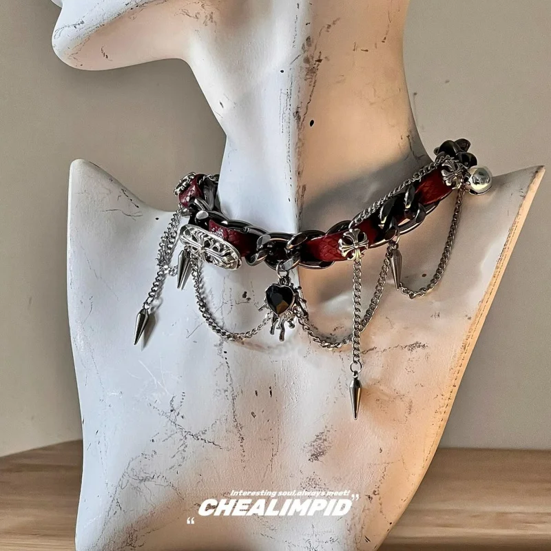 Move slow Halloween gift chocker wrapped riveted metal leather collar Crowe Punk Love Girl y2k subculture niche necklace