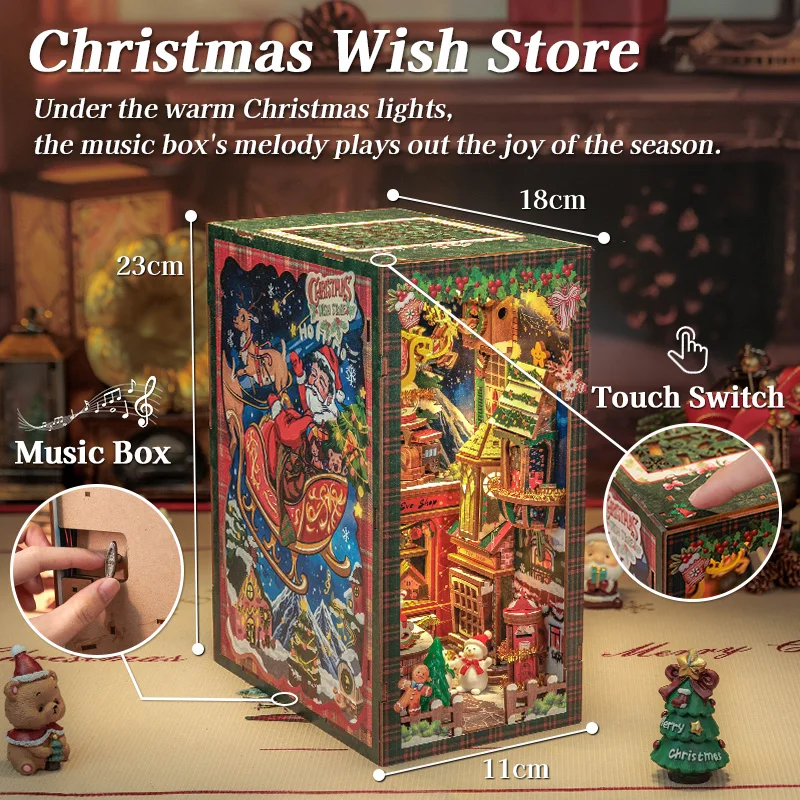 CUTEBEE DIY Christmas Wish Store Book Nook Kit ตุ๊กตาจิ๋วพร้อมแสงฝุ่นชั้นวางหนังสือแทรกสําหรับคริสต์มาสของขวัญ