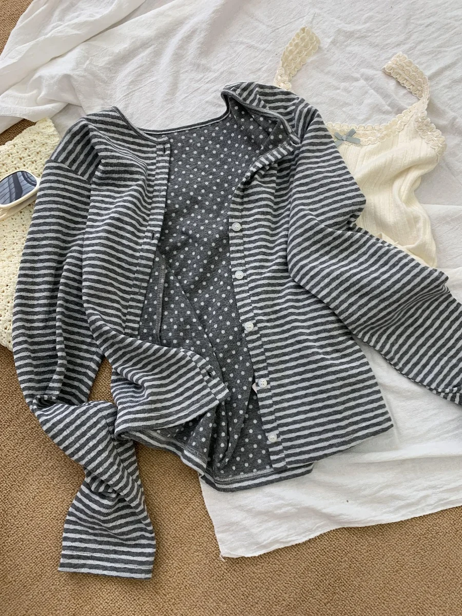 グレーストライプ韓国スタイルカジュアルハイエンド女性のラウンドネック痩身美しい小さなシャツフレッシュスタイルアウタージャケット