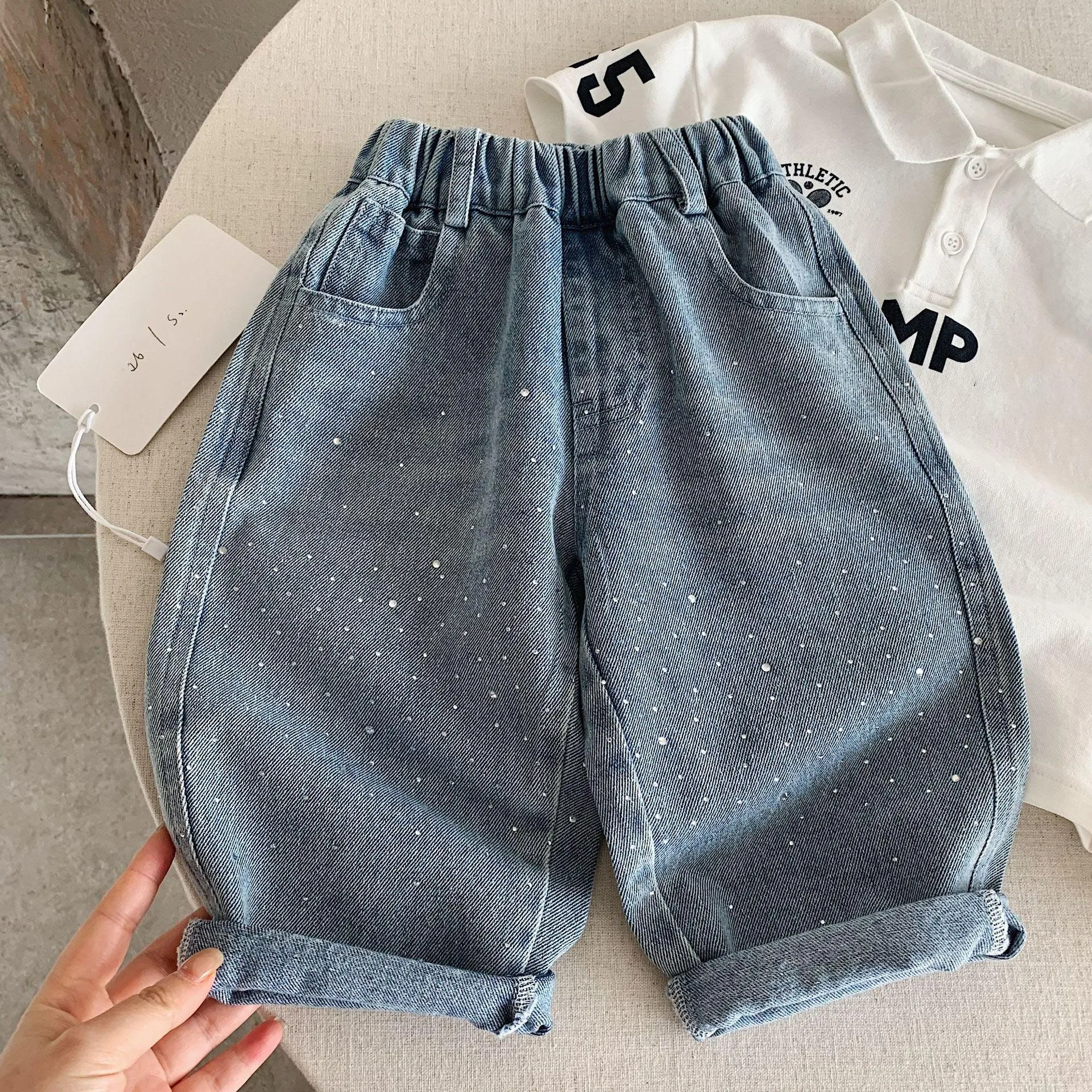 Children's Soft Denim Diamond Loose Pants Korean Boys Girls Loose Jeans 2026 Spring Autumn New Style Kids Trousers