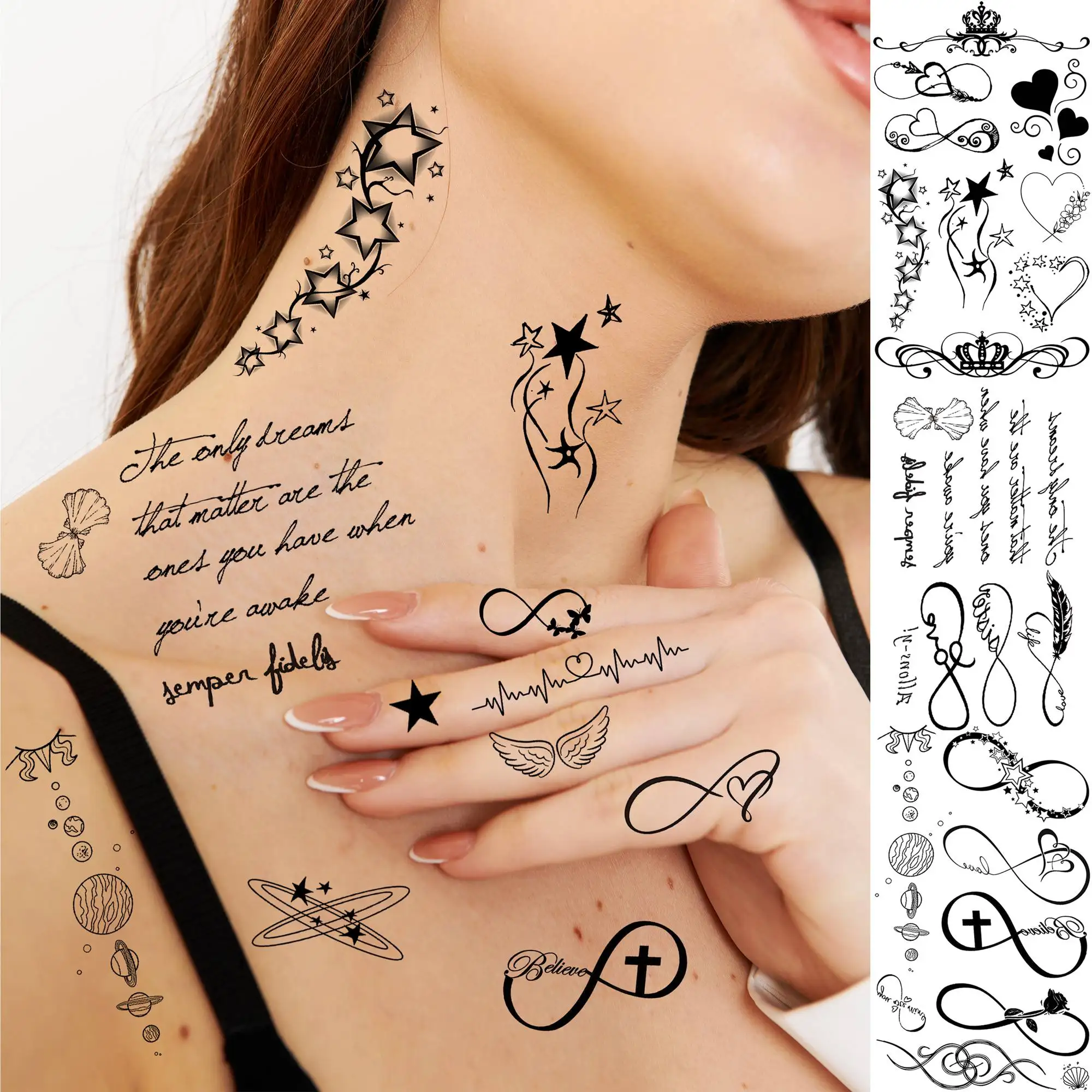 15 Sheets Small infinity Temporary Tattoos For Women Neck Hands Finger Tattoos Paste Black Endless Infinite Fake Tatoos Sticker