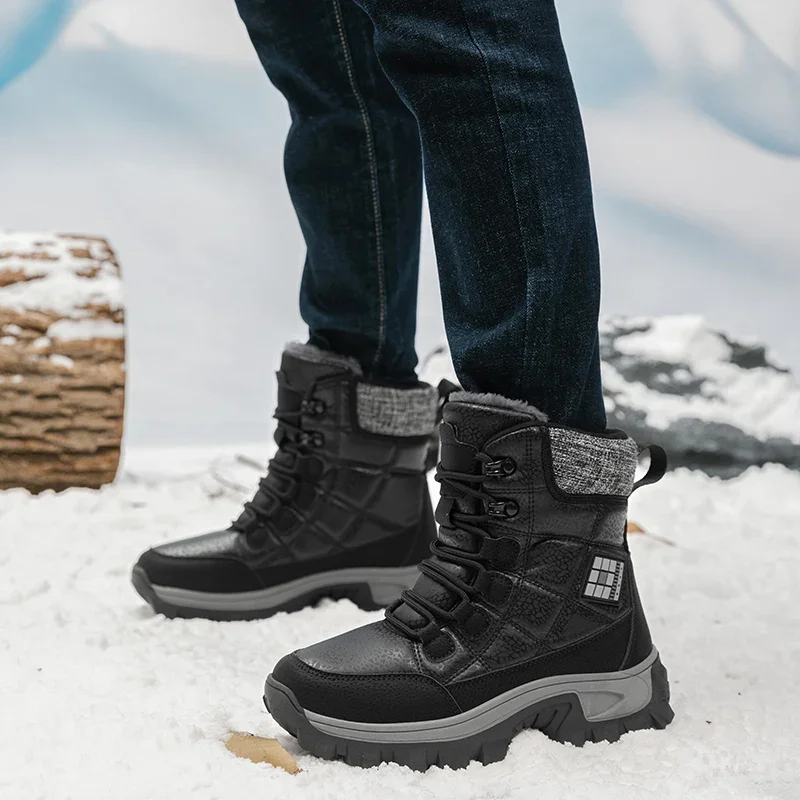New Warm Plush Men\'s Snow Boots Lace Up High Top Men\'s Boots Waterproof Winter Ankle Boots Outdoor Anti-Slip Men Hiking Boots