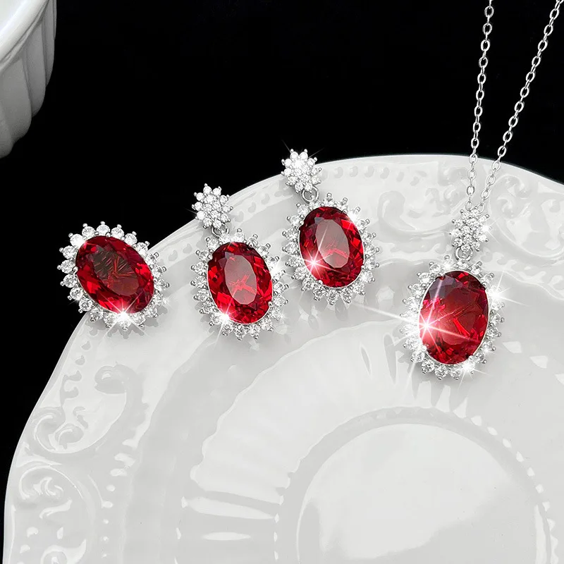 Fashion Design Lab Ruby Gemstone Jewelry Sets Ladies Elegant Vintage 925 Silver Color Luxury Banquet Party Ring/Earring/Necklace