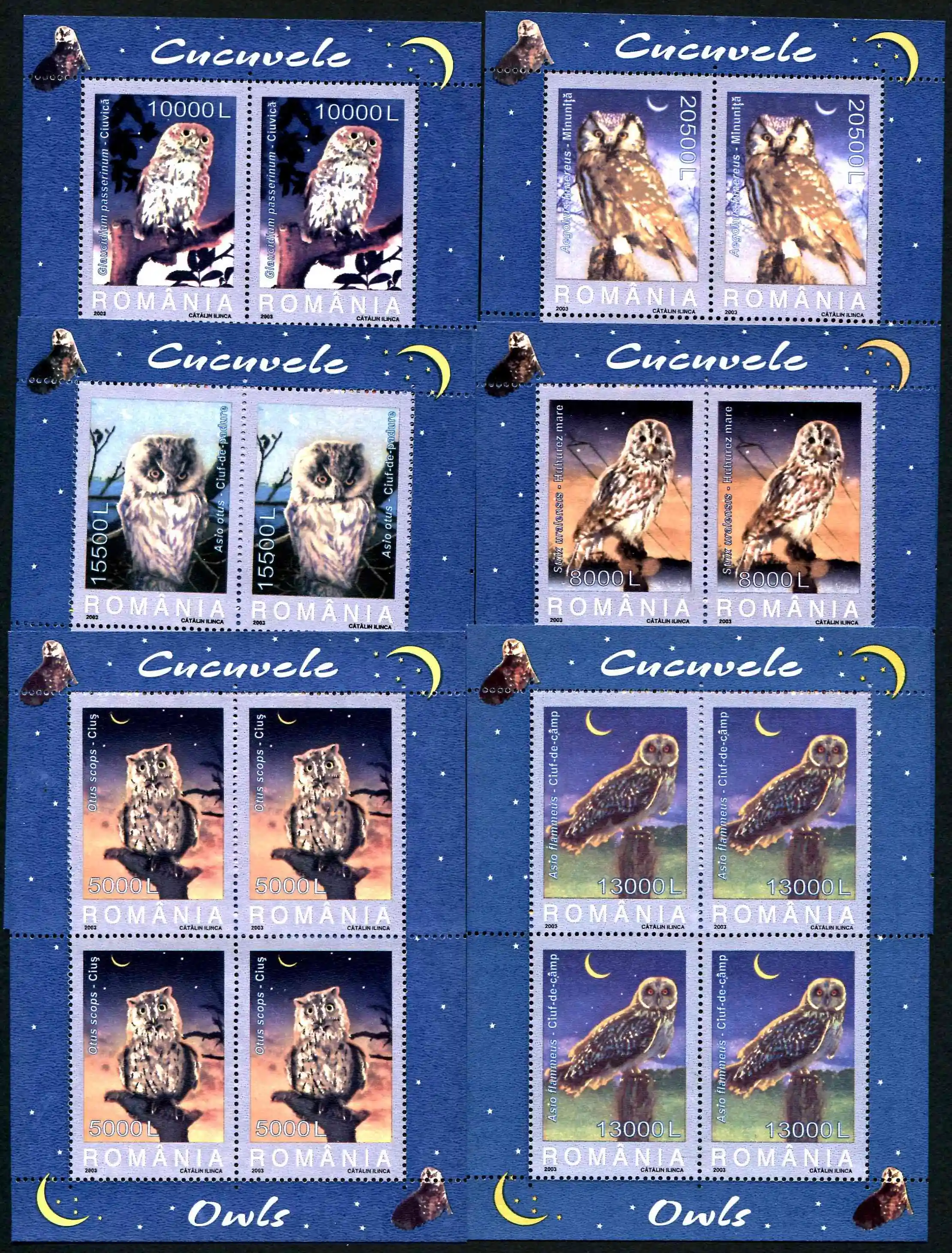 Romania Post Stamps Postage Year 2003 Night Birds Raptor Owl Full Set 6 New Collectible Postage Stamps Material For Scrapbooking