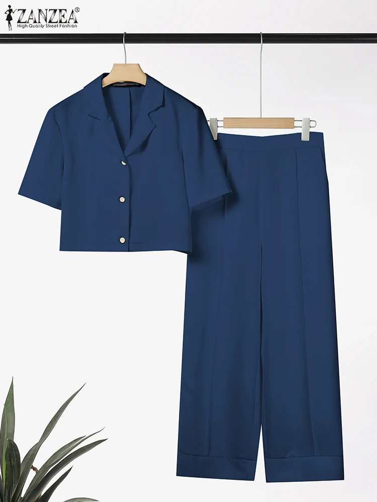 

ZANZEA Woman Casual Two Piece Outfits Fashion Wide Leg Pants Lapel Short Sleeve Shirts Solid 2 Pieces Sets Commuting Pant Sets