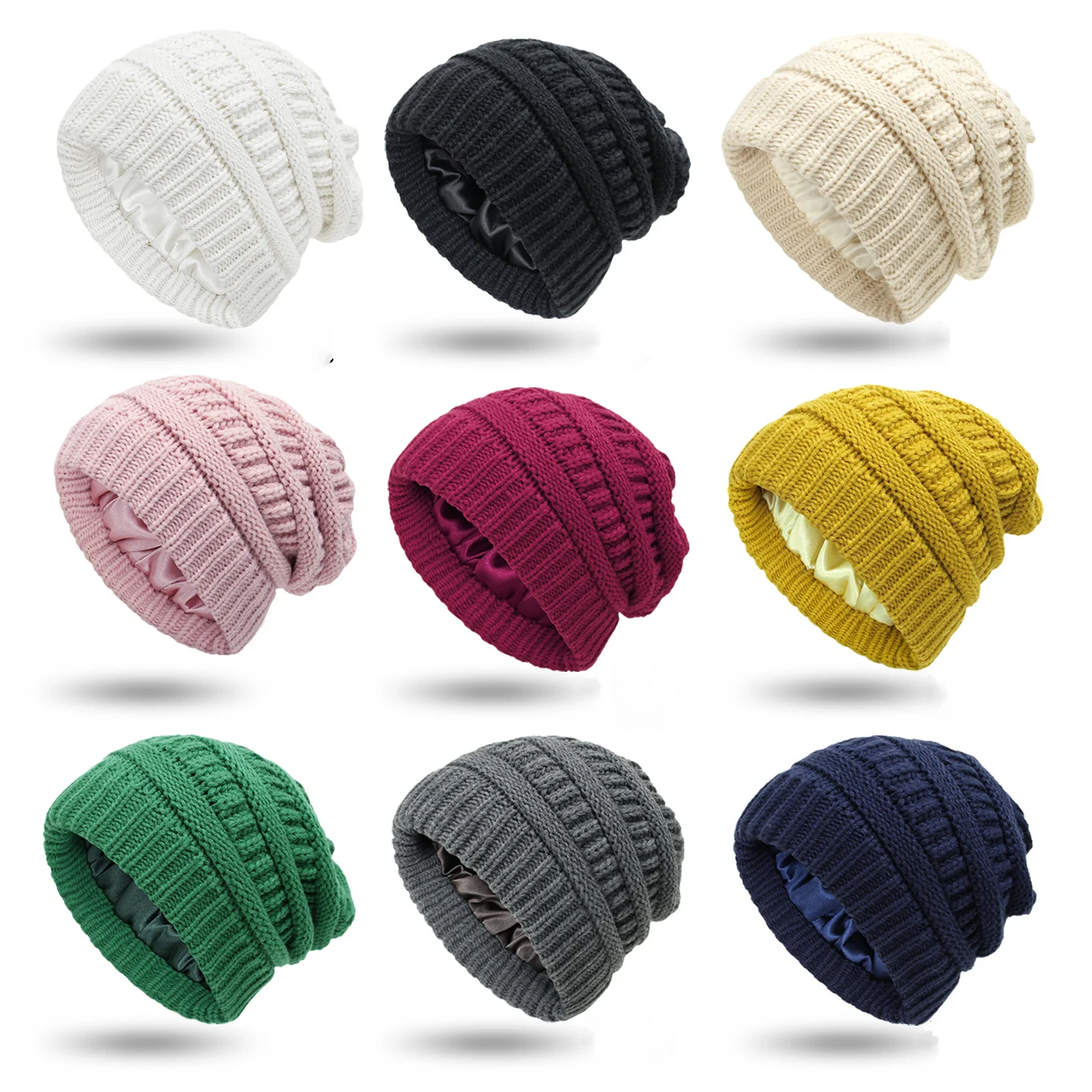 2022 Fashion New 9 Colors Womens Winter Warm Knitted Hat Satin Silk Lined Cable Knit Beanie Chunky Slouchy Skull Cap