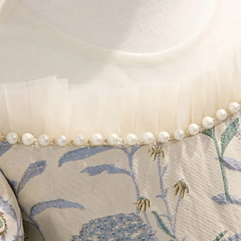 Baby Girl Princess Silk Dress Pearl Beading Lace Short Puff Sleeve Child Vintage Big Bow Vestido Party Pageant Birthday 1-14Y