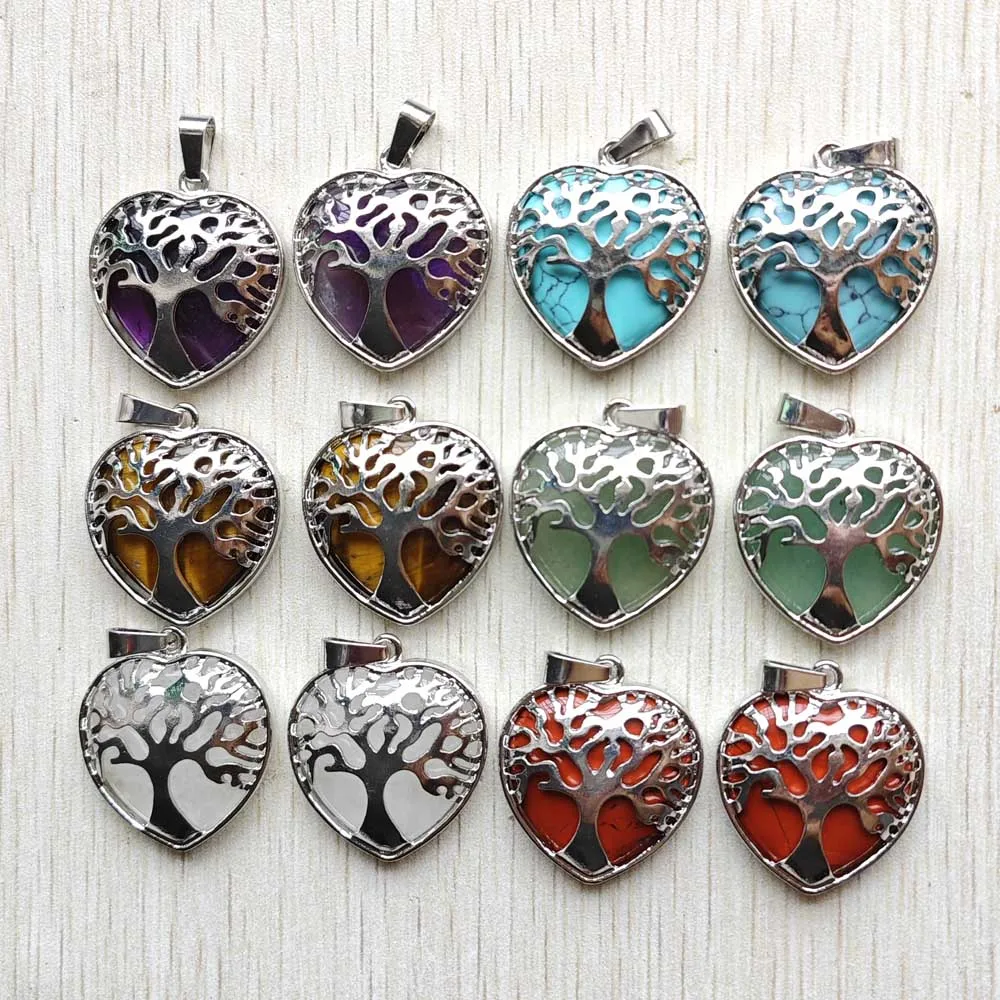 

Fashion Mix Natural stone Tree of life Reiki Healing heart Pendants diy necklaces jewelry marking free shipping Wholesale 12pcs