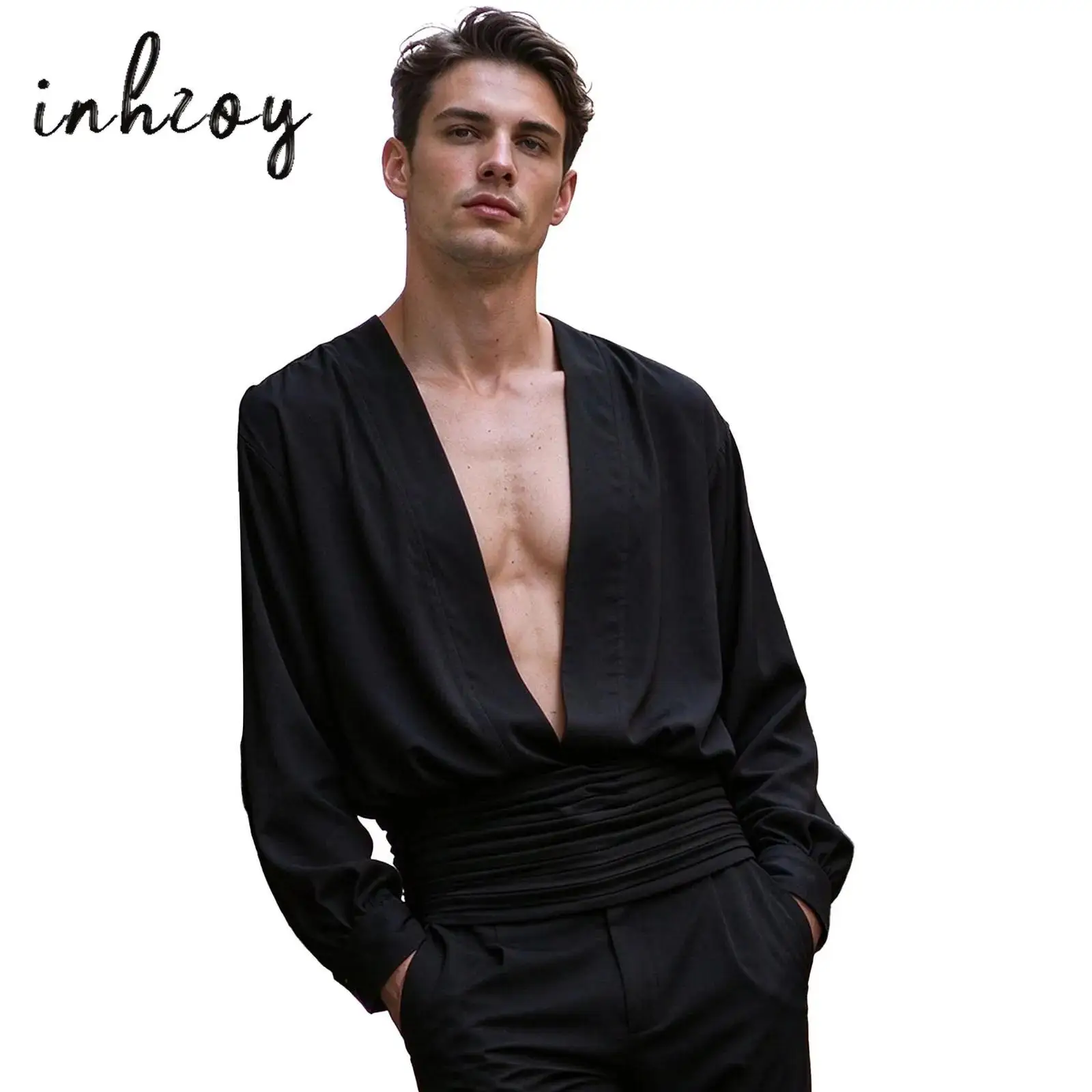 Men Luxury Satin Shirt Fashion Deep V Neck Long Sleeve Pleated Waist Zipper Back Tops for Formal Party Club Stage Performance