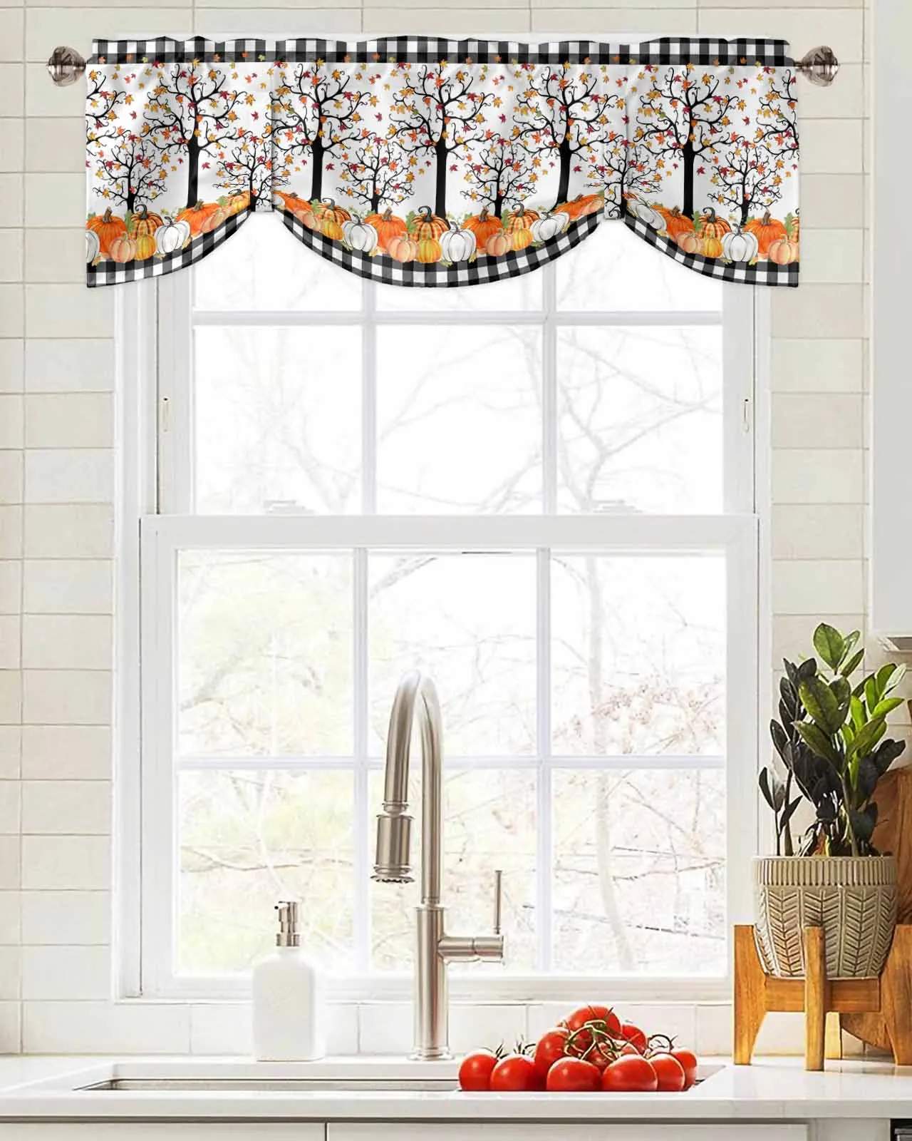 Tree Leaves Pumpkin Lattice Short Window Curtain Adjustable Tie Up Valance for Living Room Kitchen Window Drapes