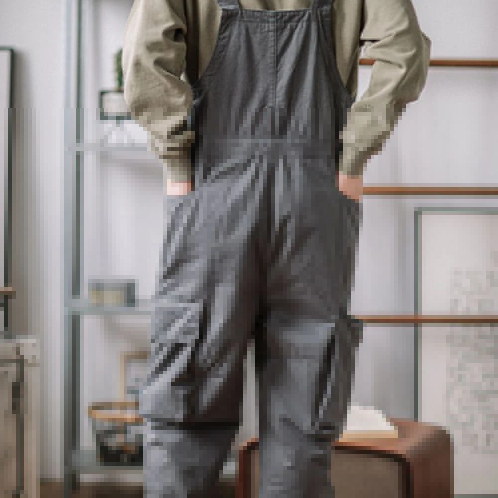 Loose Casual Overalls Men\'s Straight Overalls Overalls American Retro Ami Khaki Trend All-match One-piece Suspenders Trousers