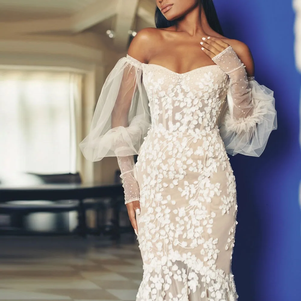Customized Illusion vestidos de novia Leaf Appliques Mermaid Wedding Dress for Bridal Off the Shoulder Bead robe de mariee