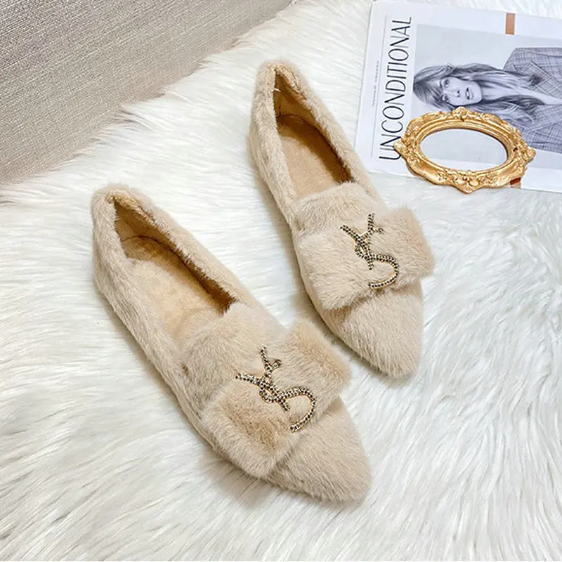 

New Women Winter Shoe Luxury Rabbit Hair Warm Casual Shoes for Woman Fashion Pointed Tip Flat Shoes Designer Shoes Zapatos Mujer