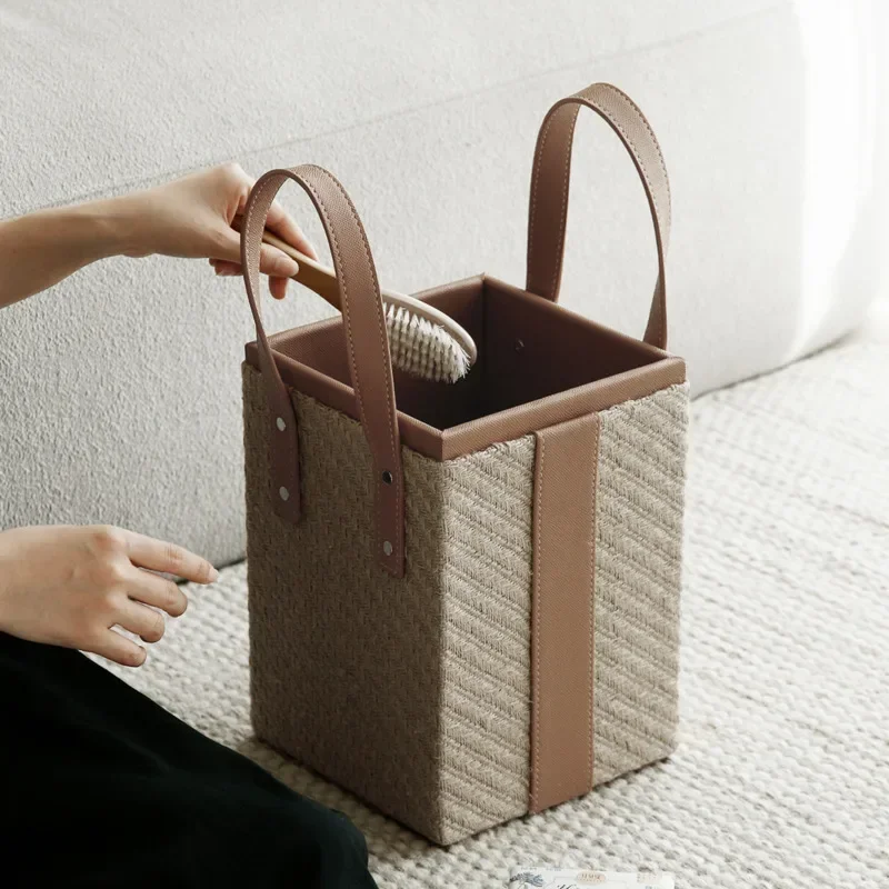 Light Luxury Hand-woven Storage Basket Home Bathroom Dirty Laundry Basket High-grade Leather Toy Sundries Basket