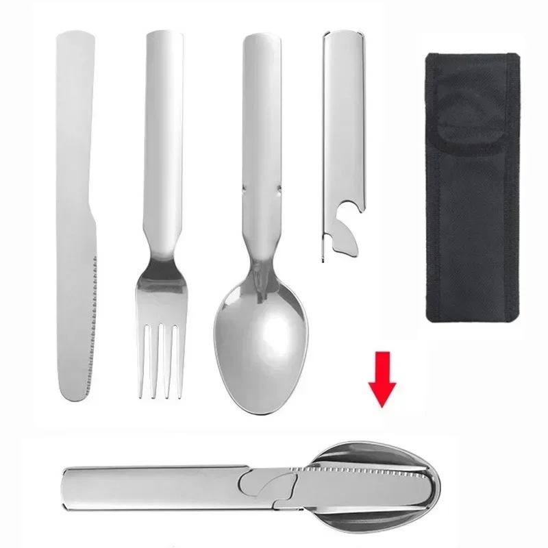 

Stainless Steel Portable Outdoor Camping Multi-functional Combination Cutlery Knife and Fork Set Fan Fork and Spoon