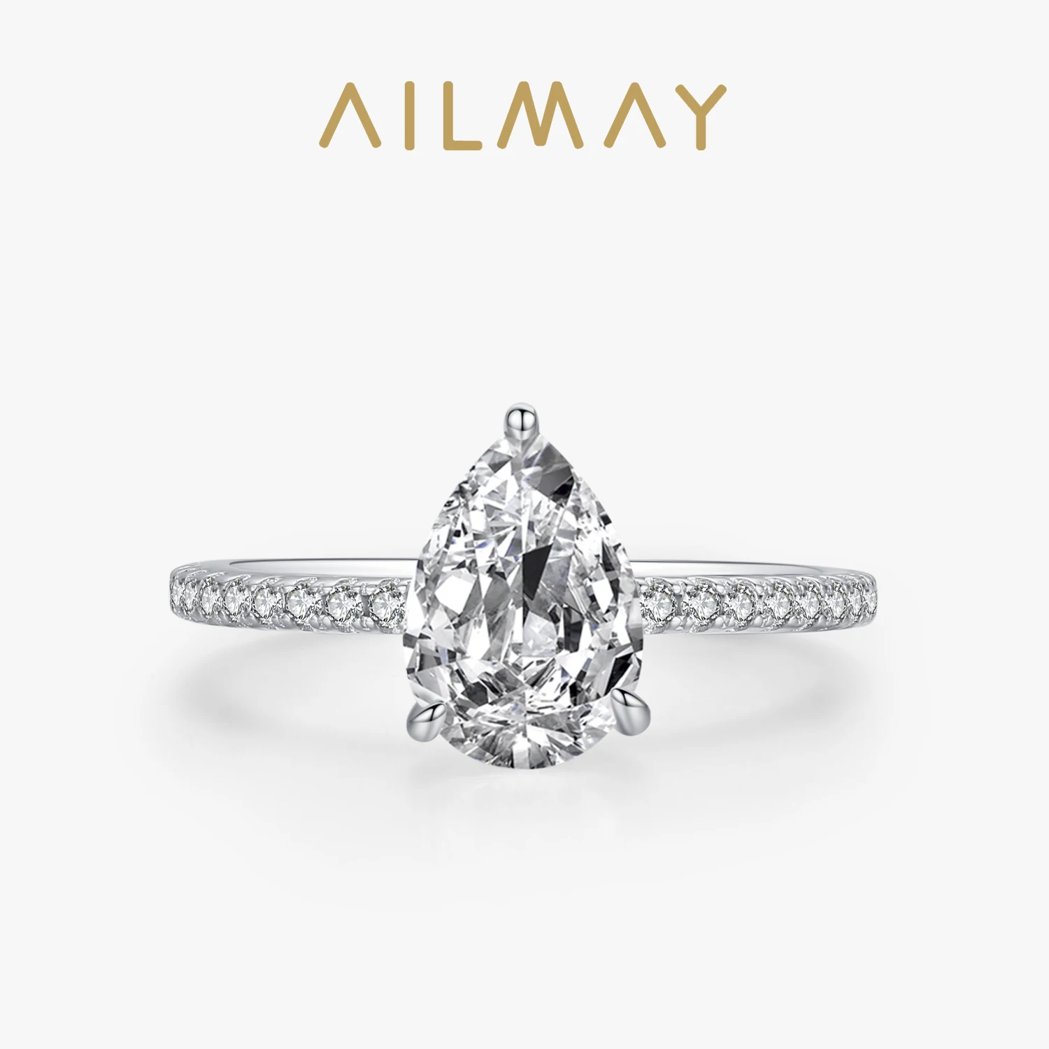 Ailmay 100% 925 Sterling Silver Luxury Water Drop Shape 5A Cubic Zirconia Finger Ring For Women Classic Fashion Wedding Jewelry