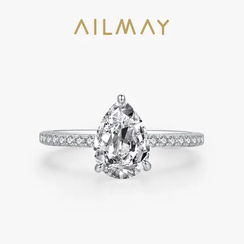Ailmay 100% 925 스털링 실버 럭셔리 워터 드롭 모양 5A 큐빅 지르코니아 손가락 반지 여성을위한 클래식 패션 웨딩 쥬얼리