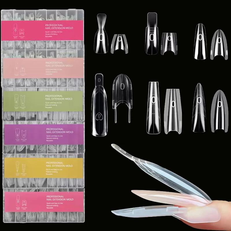 120/150/240 Pieces of Sandwich Nails in Two Shapes: Short Oval Reusable Nail Forms with Guide Lines, 15 Sizes of Nail Molds for Nail Extension, Salon and Home DIY Nail Art Tools