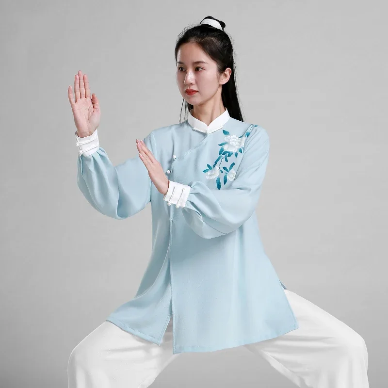 Kung Fu Dress Wushu Clothing Martial Art Uniform Tai Chi Clothes Girl Women Kun Master Hand-painted 2023 New Style Light Blue