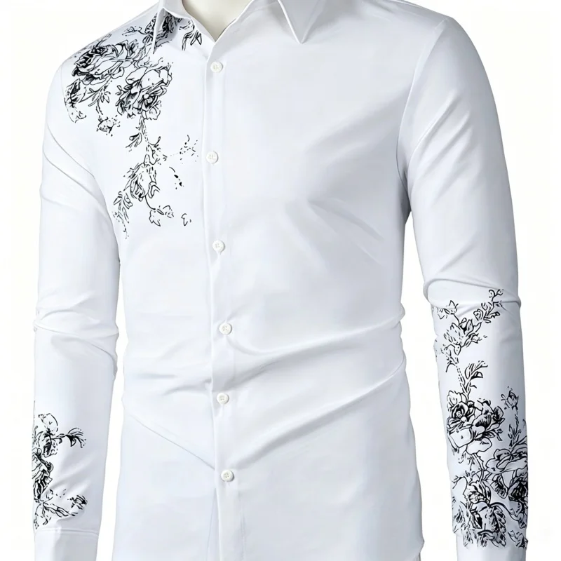 Luxury Black Floral Pattern Men Shirt Lightweight Stretch Long Sleeve Business Casual Top