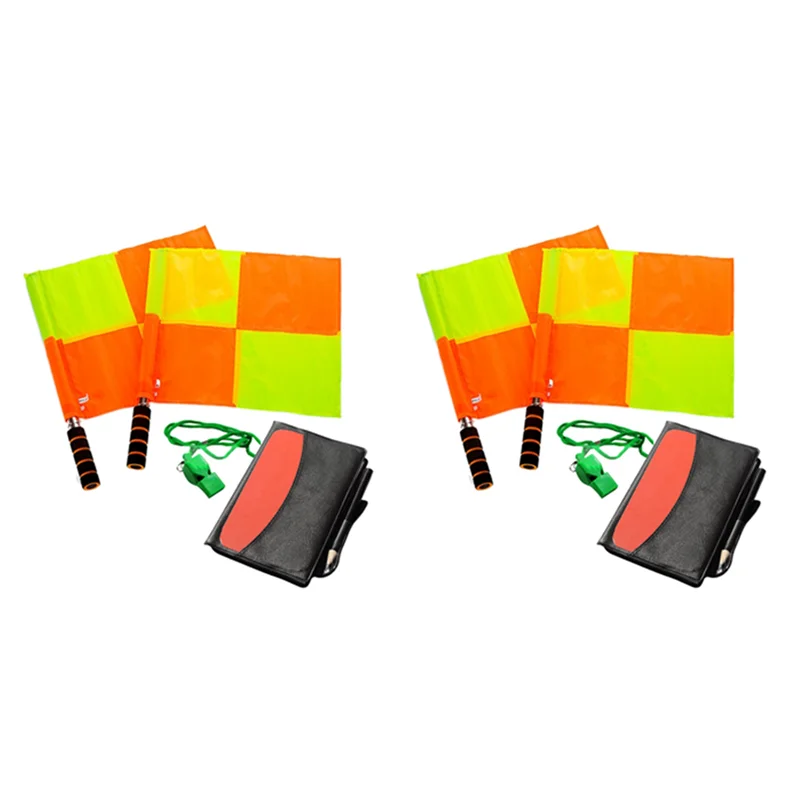 

2X Soccer Referee Kit Football Checkered Soccer Flags Wallet Notebook With Red Yellow Card And Whistle