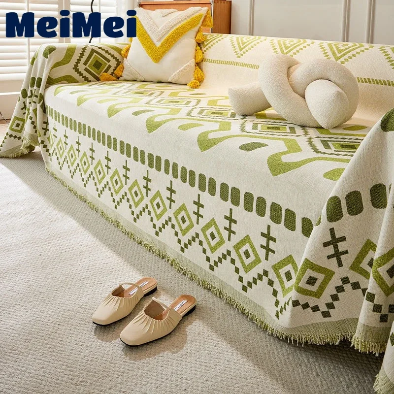 

Non-slip Anti-wrinkle Double-sided Sofa Cover Chenille Fabric Dust Cover Bohemian Jacquard Pastoral Blanket for Bed Couch Chair