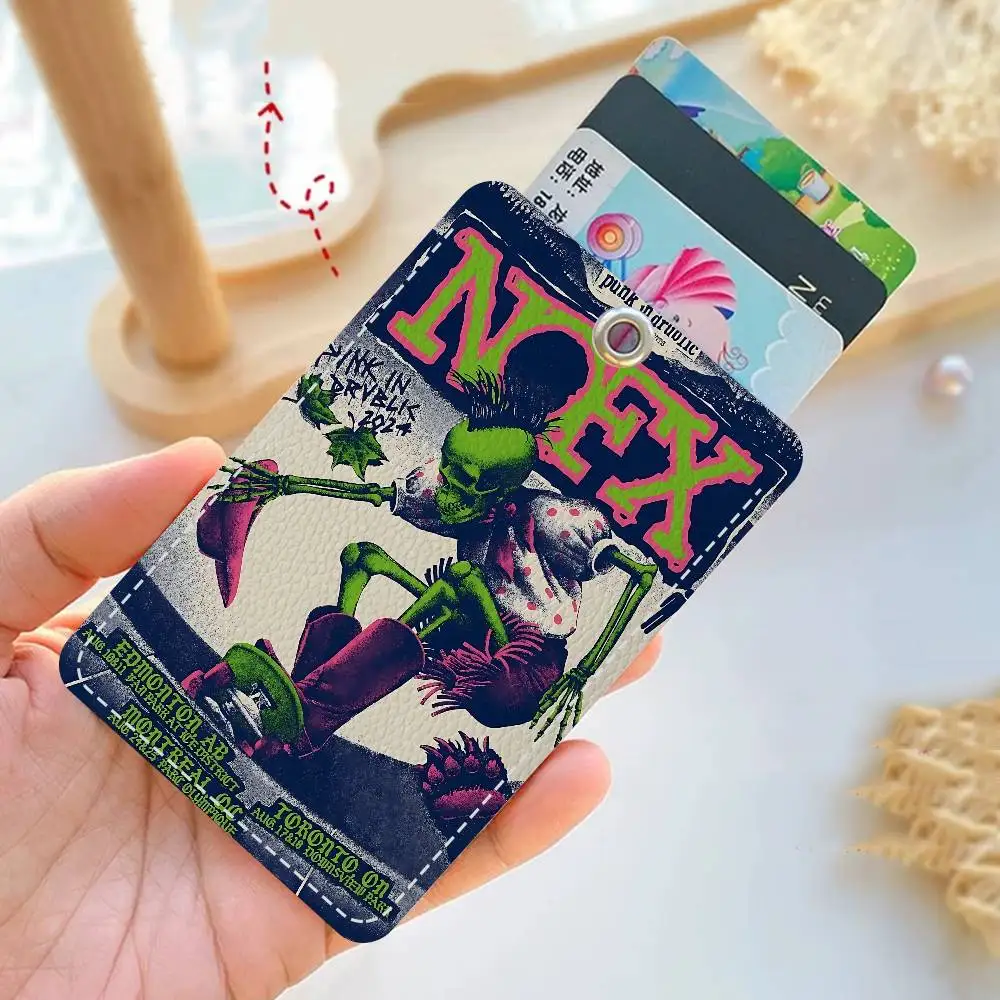 Band N-NOFX Album Vintage Rectangle ID Card Case Keychain Access Card Bag Key Tag Ring Leather Card Holder Key Ring Access