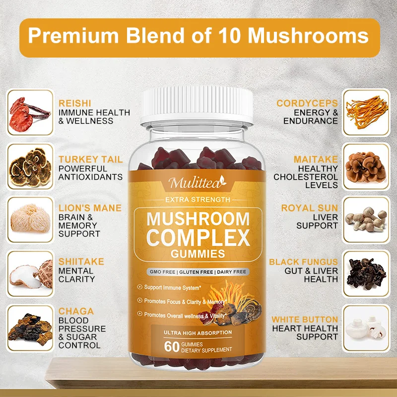 Lion’s Mane Mushroom Complex Reishi Extracts Gummies Nootropic Brain Booster for Focus Immune & Stress Relief Improve Memory