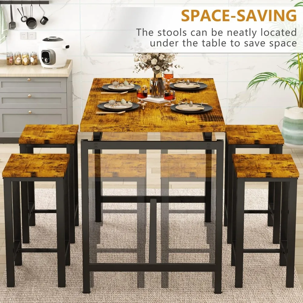 Industrial Counter Height Bar Table and 4-Chair Set | 5-Piece Pub Dining Table Set for Home Kitchen