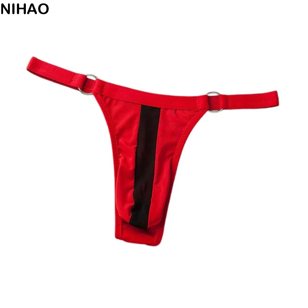 Transparent Men's Thin Thong Circular Ring Splicing Low Waist T-back Briefs Male Lingerie Thin Strip Triangle Panties Newlywed