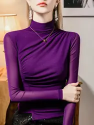 Spring Autumn T Shirts Female Long Sleeve Turtleneck Solid Color Slim Top Women's Clothing Folds Mesh Tops Girl T-shirt