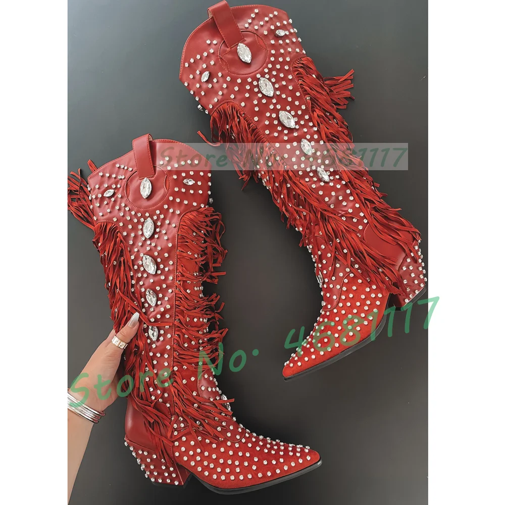 Full Gems Red Fringed Western Boots Women Trends Sexy Pointed Toe Block Heel Shoes Female Luxury Bling Dress Below Knee Boots