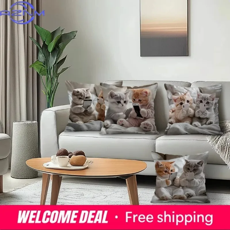 Home Decor Cute Kittens With Smartphones Printed Pillowcase Pattern Cushion Cover Suitable For Sofa Bedroom Car Pillow Cover