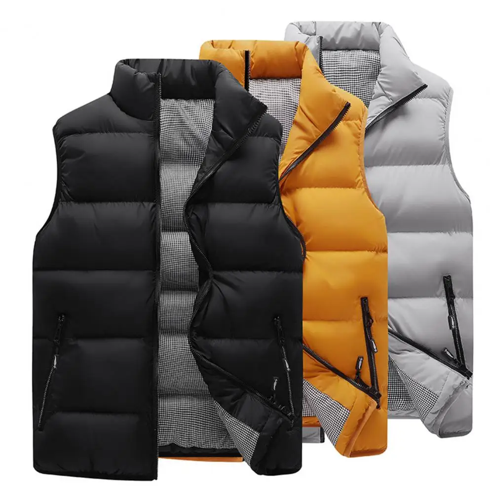 Algodão dos homens acolchoado colete térmico jaqueta, gola, monocromático, windproof, zíper colete, streetwear, outono, inverno