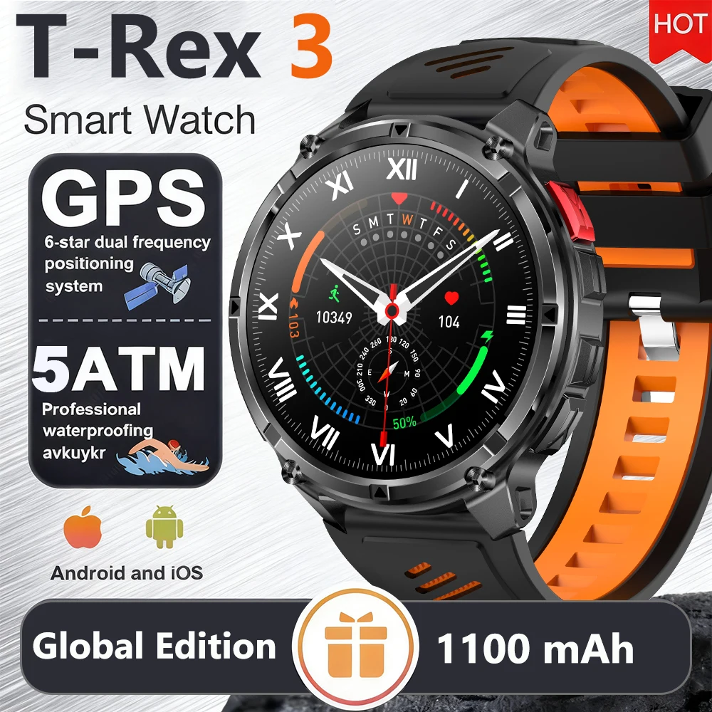 2026 New T-Rex3 Pro 1100mAh Battery Smart Watch GPS path 5ATM Waterproof Sports Run tracker Outdoors Compass Military Smartwatc