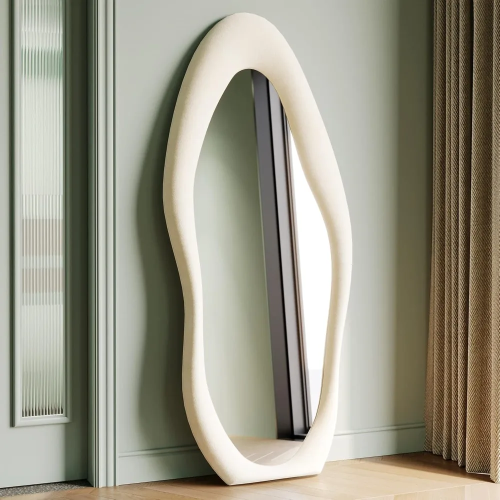 

Wall Mirror, Flannel Wrapped Wooden Frame Full Body Mirror, Irregular Wavy Mirror Hanging or Leaning Against Wall