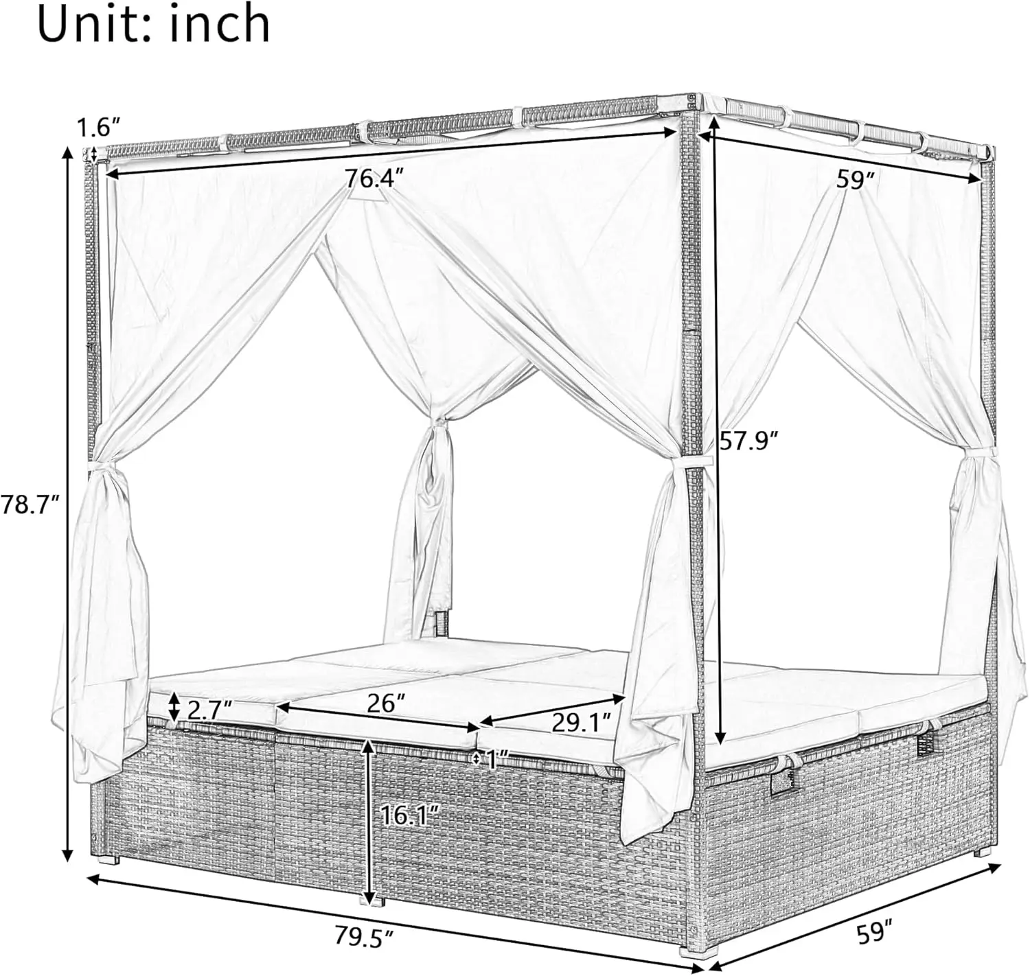 Outdoor Canopy Bed, Patio PE Rattan Outdoor Chaise Lounge Daybed with Adjustable Seats, Outdoor Sunbed