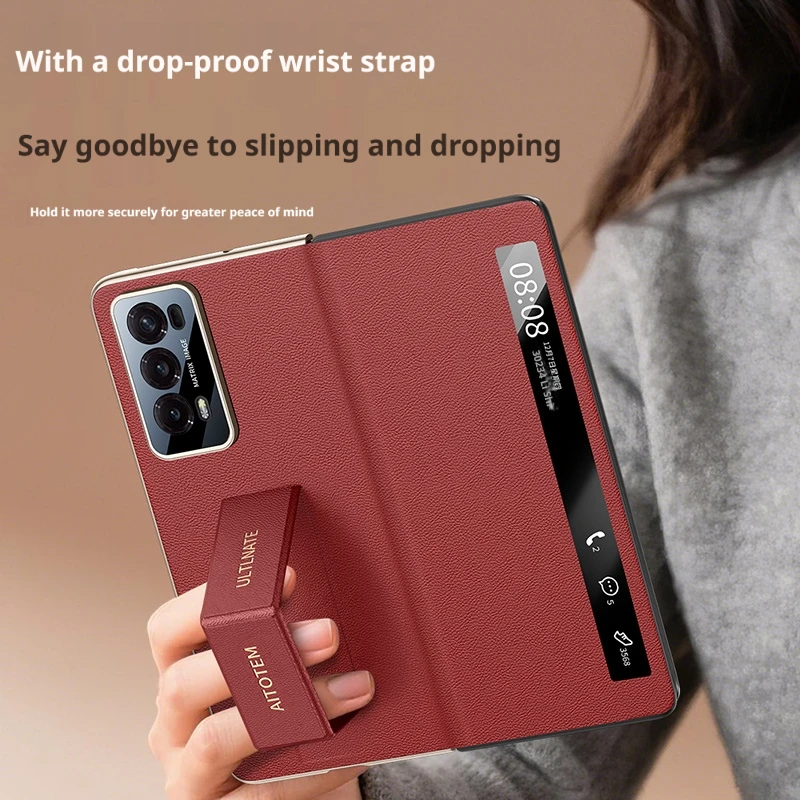 

For Honor Magic V2 VS2 VS3 Nappa PU Leather Case Dual Hinge Camera Protection Hand Strap Finger Grip Strap Holder Flip Cover