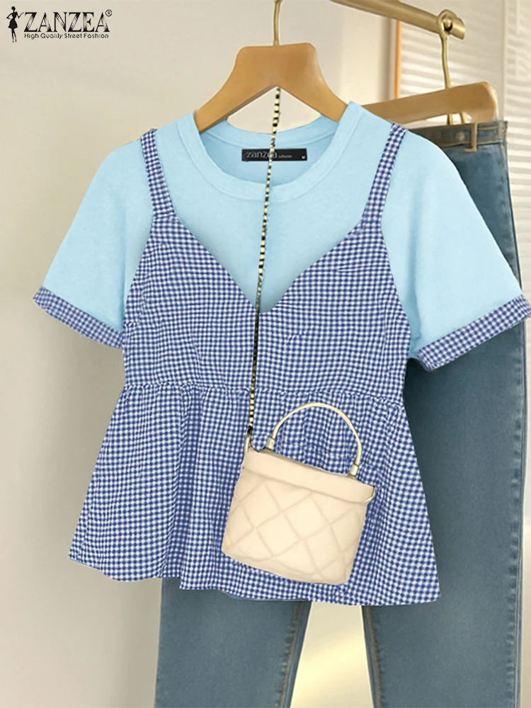 بلوزات صيفية من ZANZEA لعام 2025 بلوزات نسائية بأكمام قصيرة مرقعة مكونة من قطعتين بلوزات عمل غير رسمية مقاس كبير