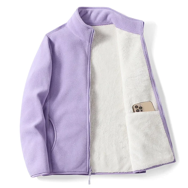 

Winter Polar Double-sided Fleece Jackets Women Men Stand Collar Velvet Outdoor with Pocket Cardigan Sweatshirt Lady Flannel Coat