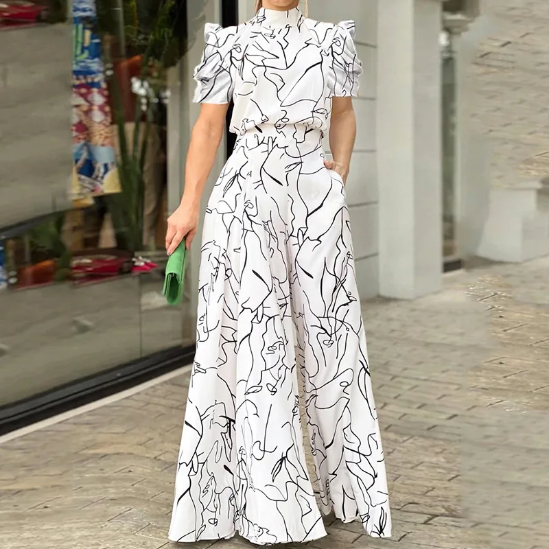 Elegant Loose Women's Romper Street Style High Waist Wide Leg Pants Floral Print Top And Bottoms Suit Casual Fashionable Outfit