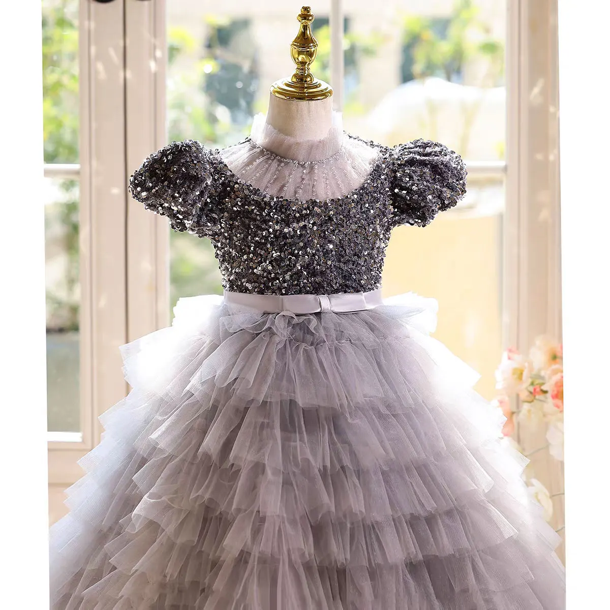 Dreamy Vow D184 Luxury Gilr Dress Gray High Neck Short Sleeve Appliques Princess for Kids Wedding Birthday Party Pageant Gown