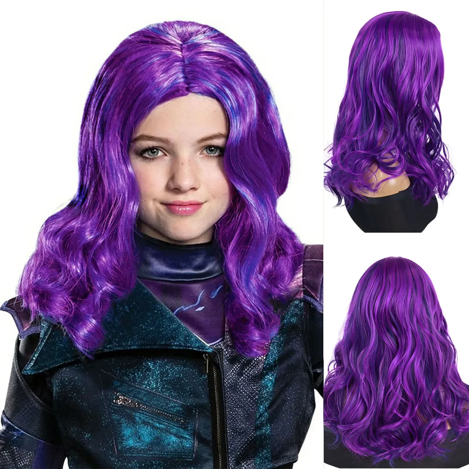 Synthetic Hair Mal Costume Wig for Girls Movie Cosplay Wigs for Kids Purple Mixed Blue Wigs for Des,cendant Wig Female Halloween