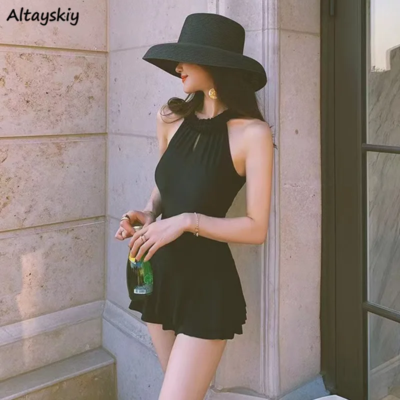 Cover-ups Women Black Halter Simple Sleeveless One Piece Slim Backless Ins Sexy Swimwear Chest Gathered Stylish Ulzzang Elegant