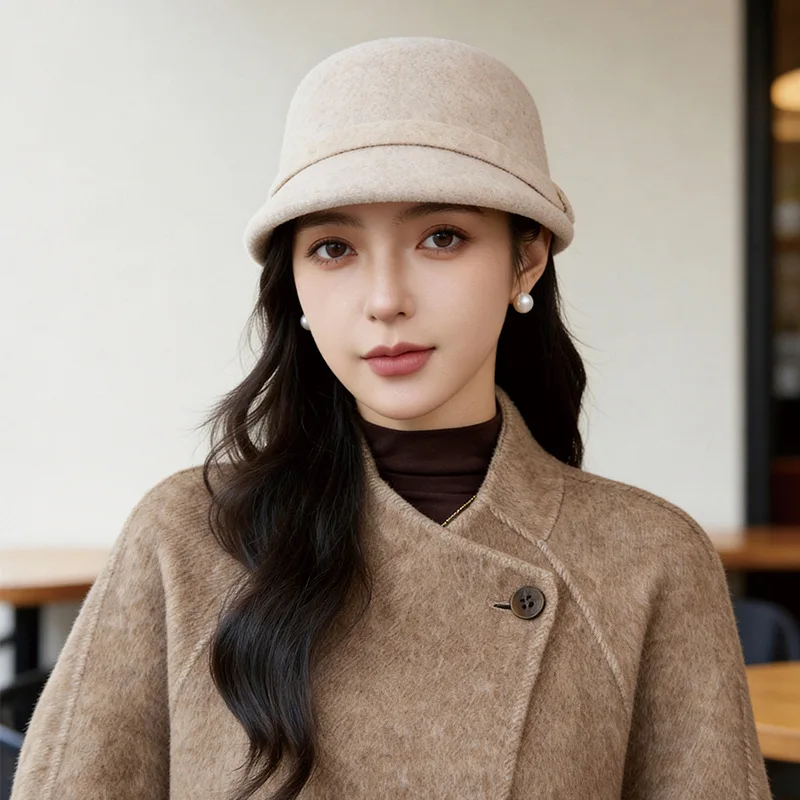 Wool Blend Women's Cloche Hat with Short Brim Dome-Shaped Crown and for Vintage-Inspired Metal Button Decoration