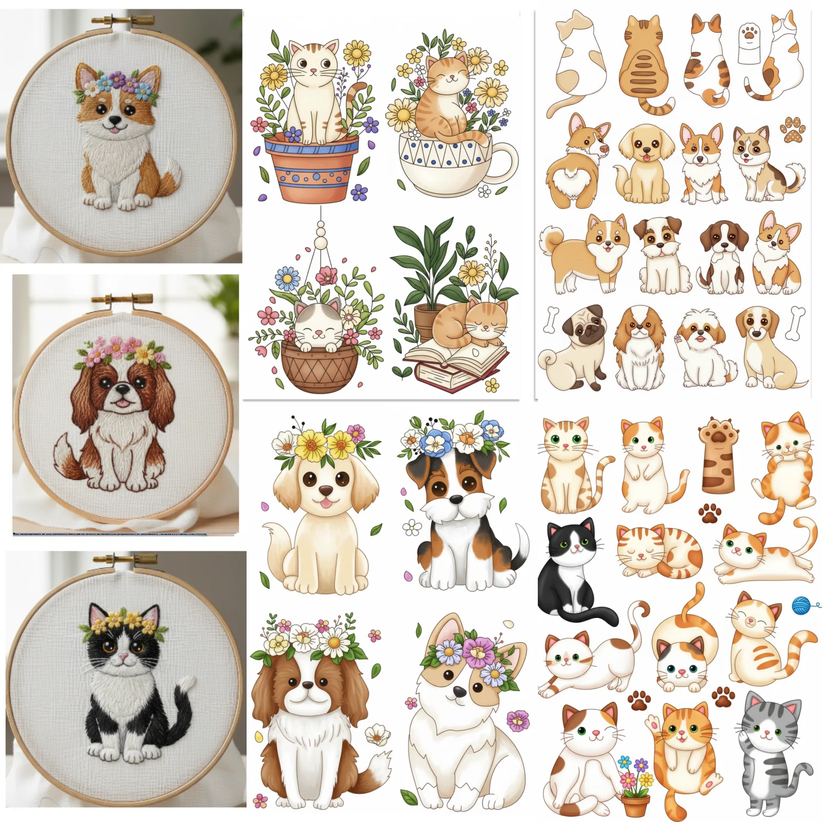 

4 листа яркого стабилизатора вышивки домашних животных — водорастворимый самоклеящийся рисунок котенка и щенка для одежды своими руками и домашнего декора