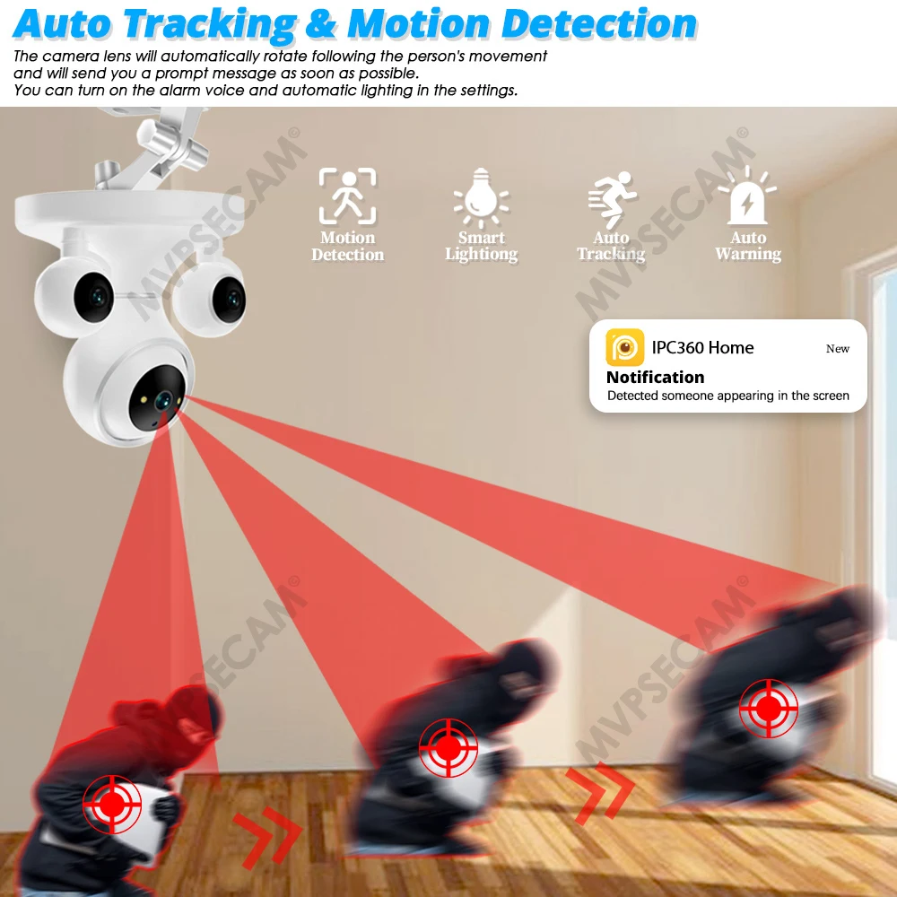 ワイヤレスCCTVビデオセキュリティIPカメラ,wifi監視カメラ,3レンズ,ptz,屋内360,モーション検出,スマートホーム,12mp