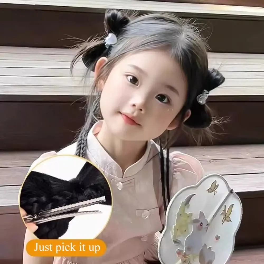 1 pair Cute Cute Children's Wig Braid Bow Knot Ball Head Hair Clip Fried Dough Twists Braid Double Ponytail Wig Female Use