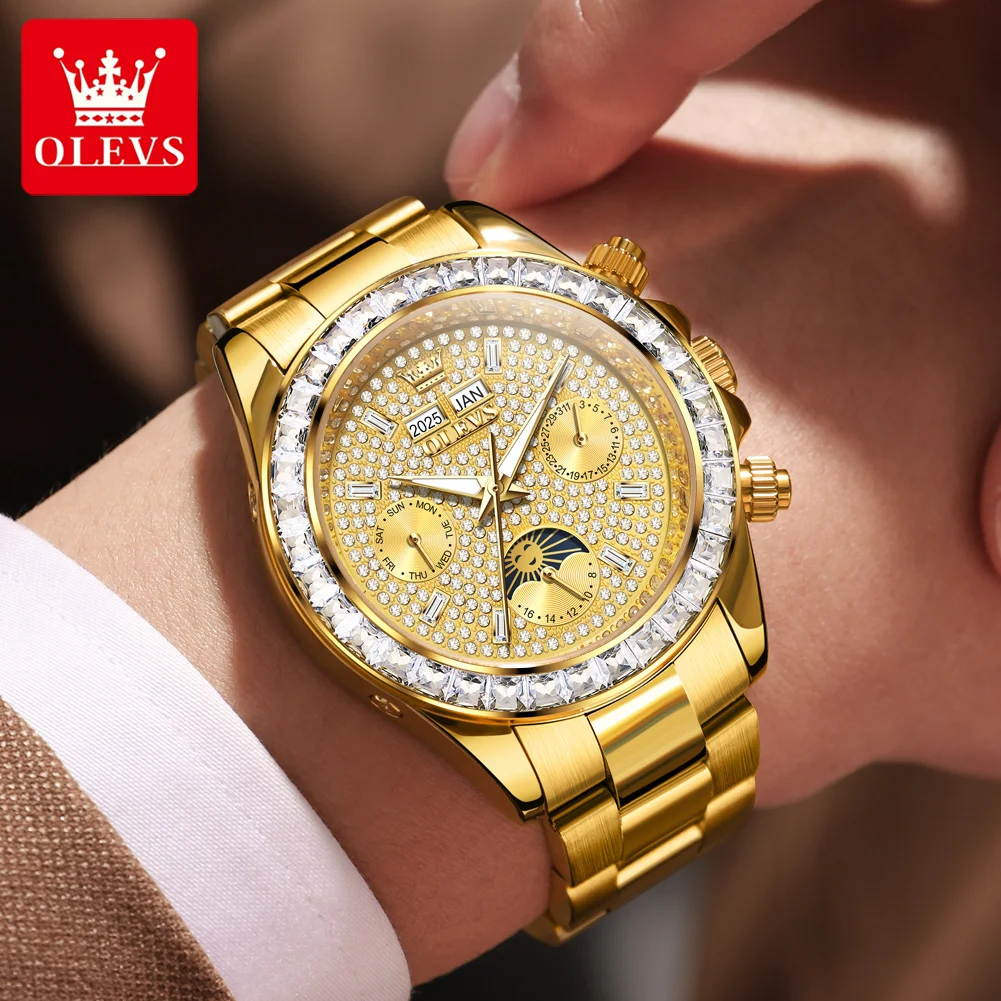 OLEVS 7038 Luxus-Diamant-Mechanikuhr für Herren, Mondphase, automatisches Datum, Herren-Armbanduhr, 30 m wasserdicht, Edelstahl-Herrenuhr